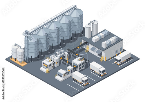 Industrial production facility with storage silos and transportation vehicles