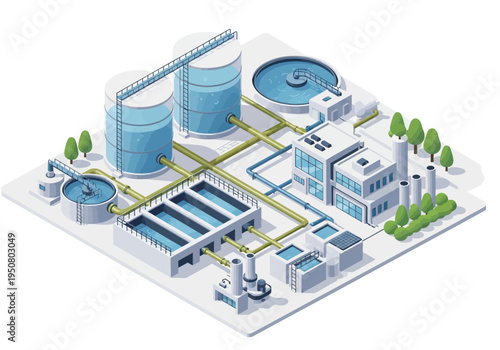 Industrial water treatment plant with large tanks and pipelines for processing