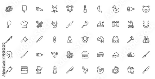 Butcher icon set. Meat and butcher shop vector icons. Includes sirloin steak, pork leg, chicken, ribs, cleaver, sausage, beef, and more. Editable stroke.