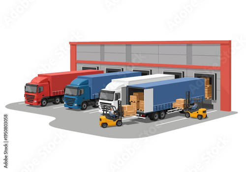 Commercial logistics center with trucks and forklifts at loading docks