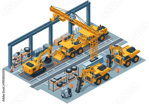 Heavy construction machinery and equipment arranged in a manufacturing or industrial facility