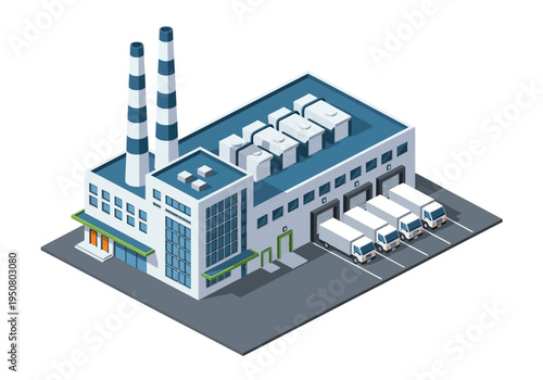 Isometric view of a modern factory building with loading docks and delivery trucks parked outside