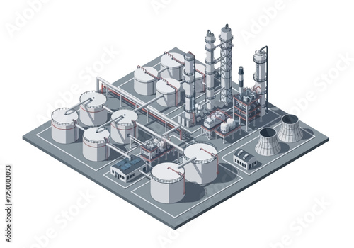Industrial Oil Refinery Plant with Storage Tanks and Cooling Towers, Isometric View