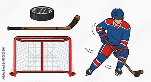 Hockey player, puck, stick and goal representing a ice hockey match 
