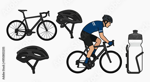 A cyclist riding a bicycle, with equipment