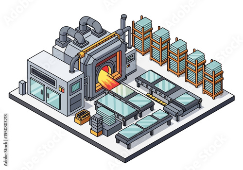 Industrial glass manufacturing facility with automated assembly lines and furnace
