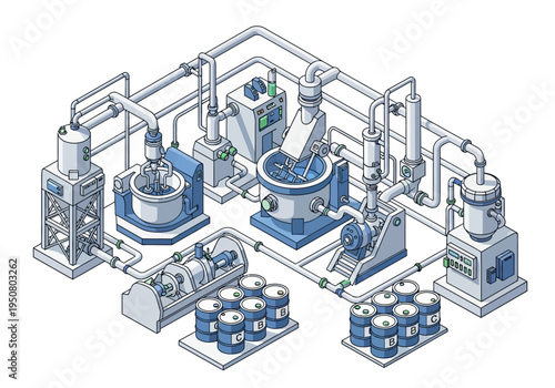 Industrial chemical production plant schematic illustration