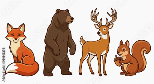 Illustrative animals: fox, bear, deer, and squirrel