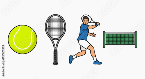 Tennis ball, racket, net, and a tennis player in action
