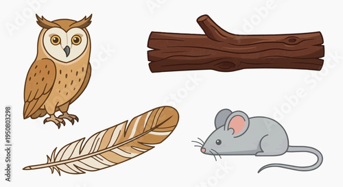 Illustration of an owl, mouse, feather and a piece of wood on a plain background. These nature elements create a scene of woodland creatures. 
