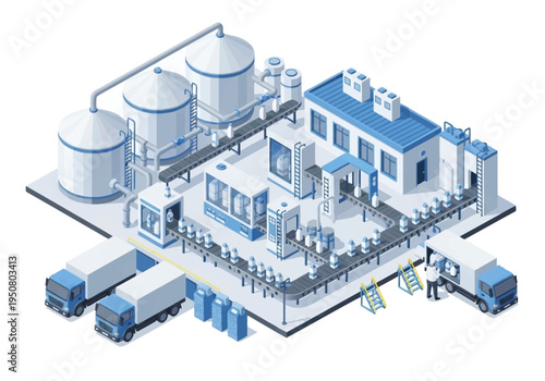 Modern manufacturing plant with bottling and packaging line, industrial production and logistics