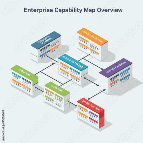 Enterprise Capability Map Overview illustrating strategic planning, sales, marketing, operations, support functions, and customer support.