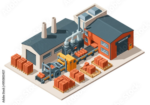 Industrial production line creating and packaging bricks in a modern manufacturing plant