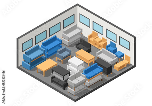 Isometric 3D render of a furniture store showroom with various sofas and tables