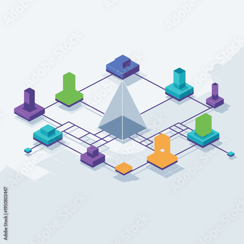 Abstract isometric network of interconnected nodes and a central pyramid structure, representing a decentralized system or blockchain technology.