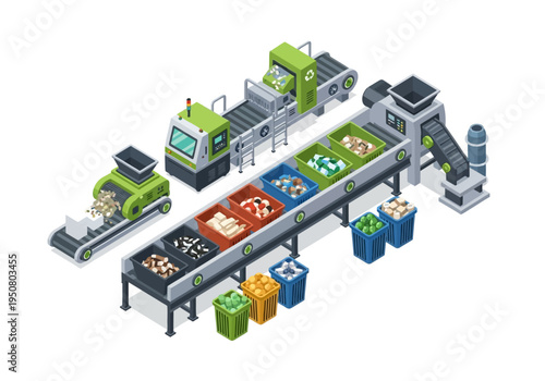 Automated waste sorting and recycling plant with conveyor belts and containers
