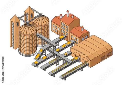 Agricultural processing plant with silos, conveyor belts, and factory buildings
