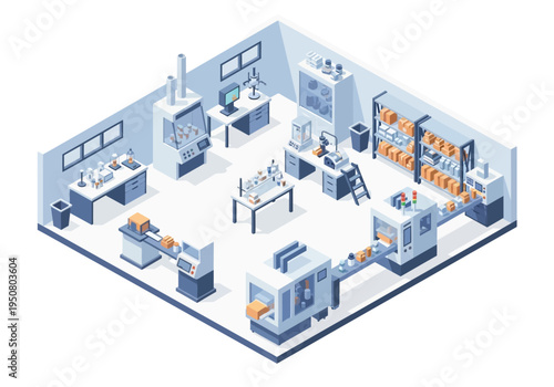 Modern automated factory interior with production lines, robotic arms, and storage shelves in isometric view