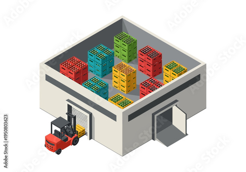 Warehouse storage with forklift loading colorful boxes onto pallets