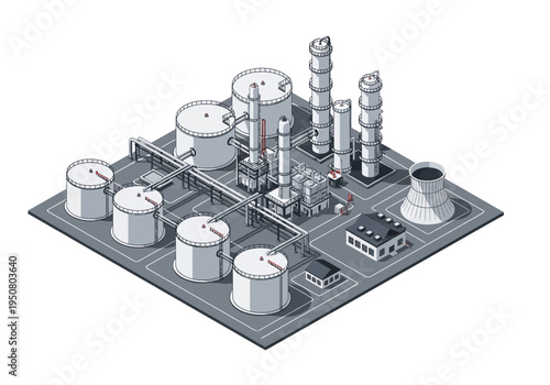 Isometric illustration of an industrial oil refinery complex with storage tanks and distillation towers