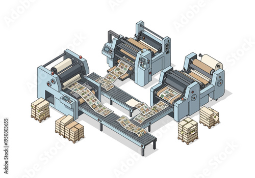 Industrial printing press with multiple rolls and stacks of paper, conveying the concept of mass production and manufacturing