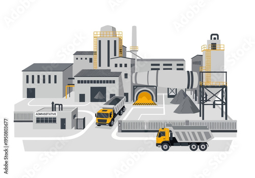 Industrial production facility with trucks delivering raw materials for manufacturing