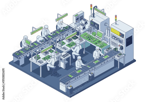 Workers assembling electronic circuit boards on a conveyor belt in a modern manufacturing facility