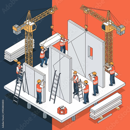 Construction site with workers, cranes, and building materials, in progress of erecting walls.