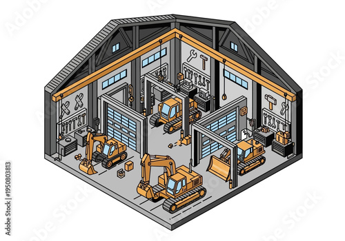 Construction vehicle garage with excavators and tools for maintenance and repair