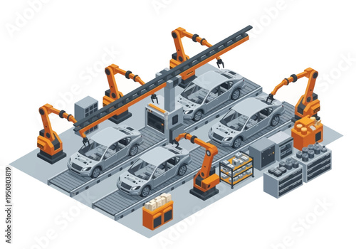 Automated Car Manufacturing Process with Robotic Arms on Assembly Line