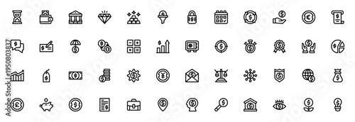 Investment icon set. Business and finance vector icons. Includes symbols for bank, coin, clock, billfold, badge, arrow, brain, bag, award and more. Editable stroke.