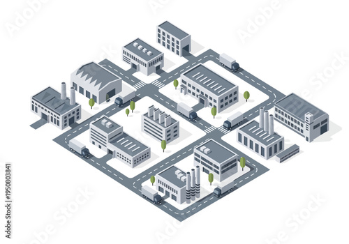 Industrial park isometric illustration with factories, warehouses, and trucks on roads, representing logistics and supply chain