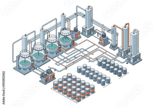 Industrial chemical plant with storage tanks and large capacity barrels for manufacturing processes