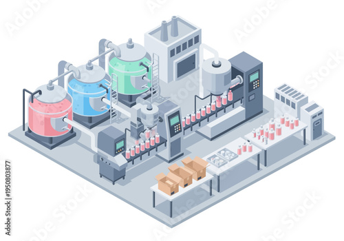 Automated beverage production line with robotic arms and bottling machinery