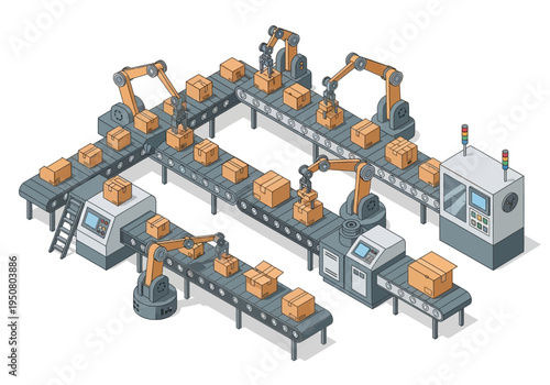Automated assembly line with robotic arms and conveyor belts for product packaging and distribution