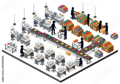 Industrial production line with workers operating sewing machines and assembling products on a conveyor belt