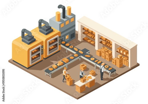 Industrial bakery with conveyor belts, ovens, and packaged bread products, modern food production facility