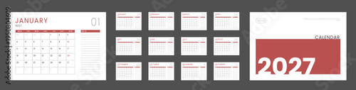 Set 12 Pages Monthly Calendar Planner Templates 2027 year, Cover with Place for Photo and Company Logo. Vector layout wall, desk calendar grid for print. Week start Monday. Page mockup size A4