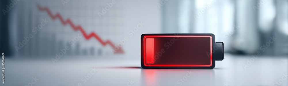 Fototapeta premium Depleted Energy: Metaphorical depiction of a dying battery and a downward graph representing the concept of financial loss. 