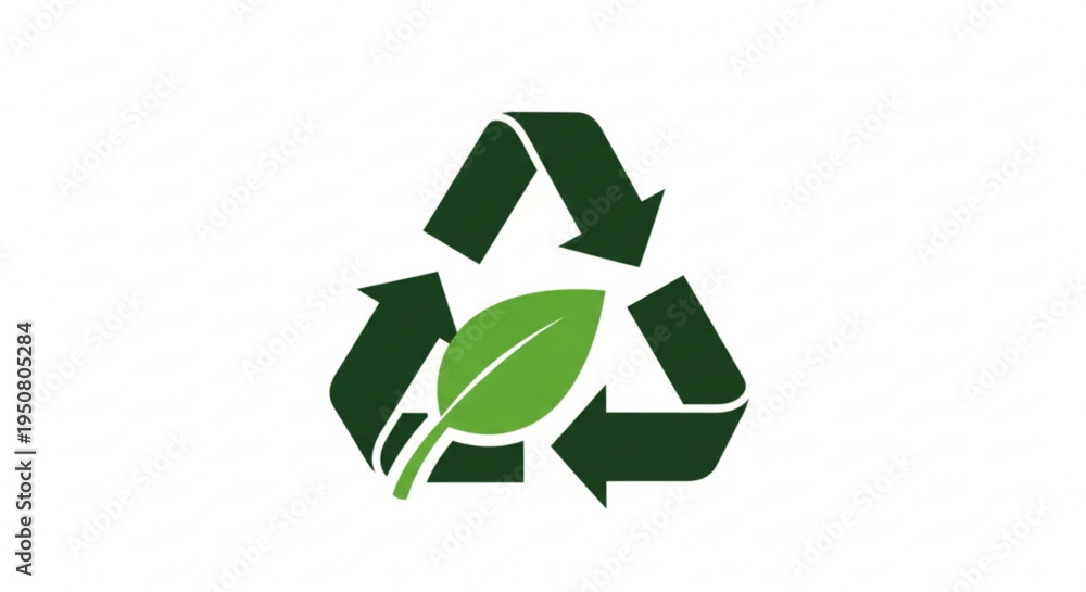 Fototapeta premium Green recycling symbol with leaf on white background eco friendly logo for environmental conservation and sustainability