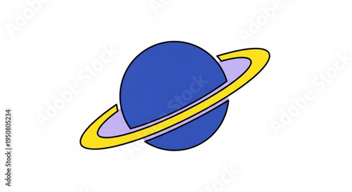 Saturn planet with yellow ring on white background illustration of blue gas giant with purple shadow
