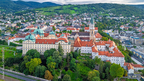 Aerial view on Klosterneuburg in the Tulln District of the Austrian state of Lower Austria with the Stift Klosterneuburg (Klosterneuburg Monastery), Austria