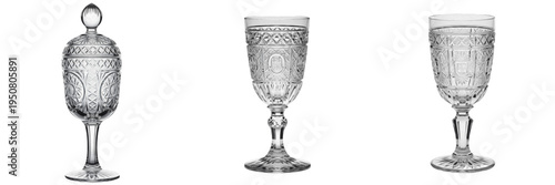 Foto Set and collection of vintage crystal wine goblets and ornate glass chalices wit