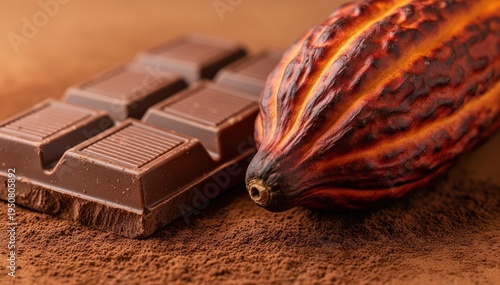 Chocolate Bar and Cacao Pod: A tantalizing close-up of a rich chocolate bar alongside a raw cacao pod, offering a glimpse into the source of this delectable treat.
