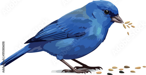 Blue Bird Eating Seeds Pixel Art Isolated Vector