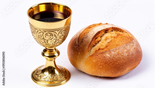 Sacred Communion: A golden chalice brimming with rich red wine rests alongside a rustic loaf of bread, symbolizing a moment of spiritual communion and reverence. 