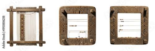 Foto Set and collection of vintage wooden hand looms and weaving frames for textile c