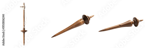 Set and collection of vintage wooden drop spindle for hand spinning wool and fiber isolated on white transparent png background