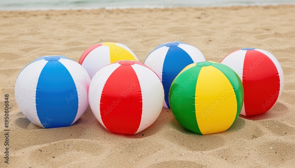 Obraz premium Colorful Beach Balls on Sandy Shore: A vibrant collection of striped beach balls rests on a sun-kissed sandy shore, evoking memories of playful summer days and seaside fun. 
