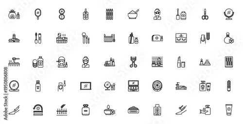 Beauty icon set. Minimal line vector icons pack. Includes symbols for aromatherapy, accessory, herb, acupuncture, body, bath, avatar and more. Editable stroke.